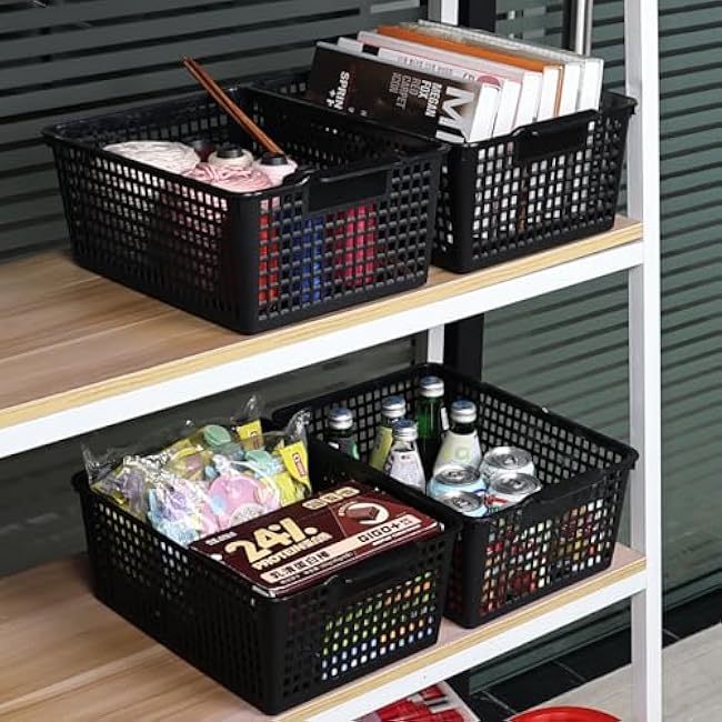 Kitchen Storage Basket Bin Set of 3, Plastic Organizer Basket, Black, F