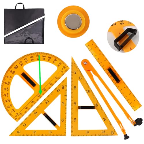 5PCS Magnetic Geometry Set, 60°45°Triangle Ruler Protractor Compass Set with Non Slip Handle, Large Geometry Ruler Drawing Tools for Teachers on Whiteboard Math Classroom
