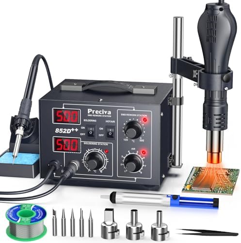 Preciva 852D++ 2-in-1 Hot Air Rework Soldering Iron Station Kit, Adjustable Hot Air Gun Holder for Electronics Repairing Desoldering Welding, Auto Sleep & Calibration