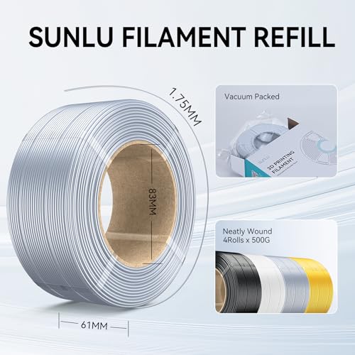 Image of SUNLU 500g Silk PLA Filament Refill, Silk PLA Plus Refill 4 Packs, No-Spool 3D Printer Silk Filament 1.75mm 2KG for Reusable Spools, Compatible with Bambu Lab 3D Printers, 0.5KG /Roll Silk Silver