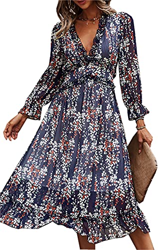 ZIYYOOHY Damen Lange Kleid Chiffon Rüschen mit Tief V-Ausschnitt Blumendruck Sommerkleid Cocktailkleid Partykleid Maxikleid Strandkleid Blusenkleid Langarm (3055-Marinebla,XL)