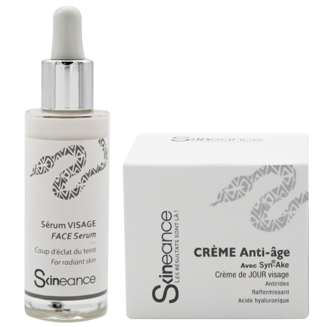 SKINEANCE - Crema de día 50 ML + Serum Facial 30 ML - Activos anti-edad - Reduce arrugas de expresión, líneas finas, bolsas y ojeras