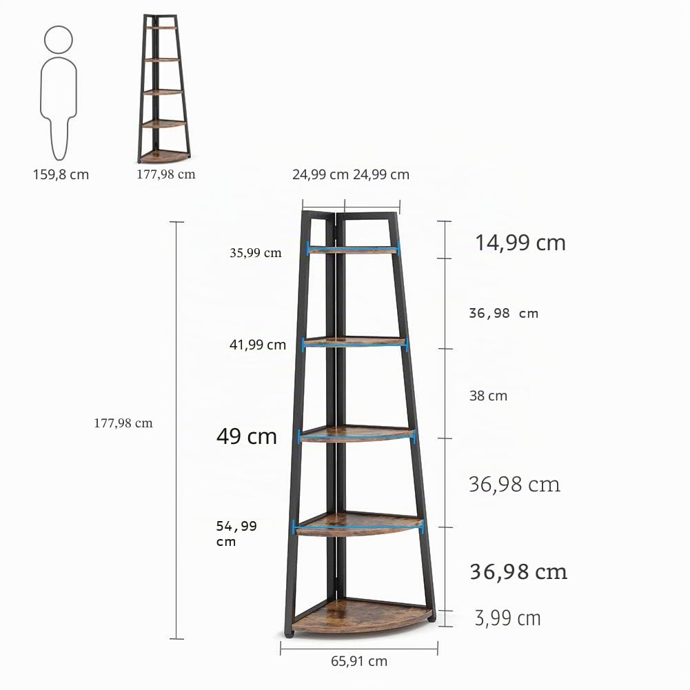 Tribesigns 176 cm Scaffale ad angolo alto, libreria ad angolo rustica a 5 livelli Scaffale a scala d'angolo industriale Supporto per piante per soggiorno, cucina, ufficio (marrone)