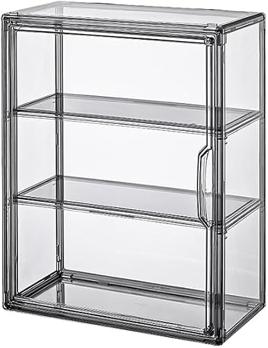 BOHOIDEE 3 Tiers Acrylic Display Case with 2 Division Boards, Acrylic Storage Organizers Box with Magnetic Door, Wall-Mounted Dustproof Showcase for Makeups, Purses, Figure, Black
