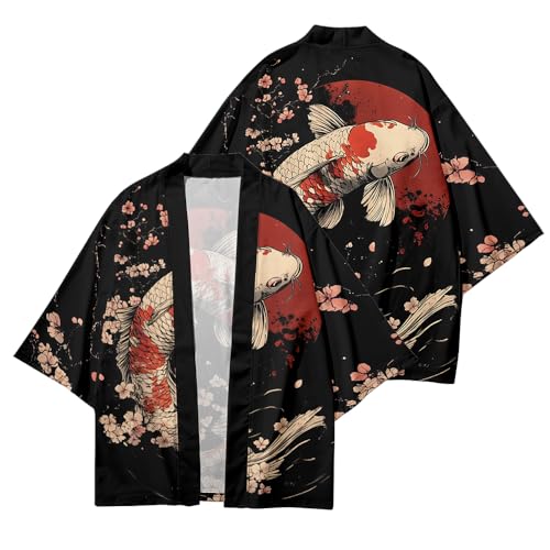 Image of DOSLAVIDA Men's Japanese Kimono Cardigan Suit Chinese Style Printed Jacket Pants Set Open Front Seven Sleeve Top & Shorts