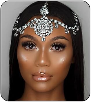 Xerling Bridal Forehead Headpiece for Wedding Zircon Crystal Dangling Tassel Head Chain Clip-on Hair Accessories for Women Boho Hair Piece Silver