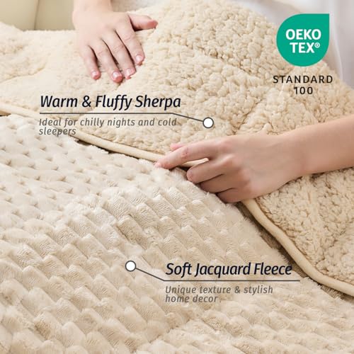 Wemore Fleece Weighted Blanket for Adults (60" x 80" 15lbs, Khaki), Dual Sided Cozy Soft Sherpa Heavy Blanket, 3D Imitation Turtle Shell Warm Jacquard Flannel Weighted Blankets for Couch and Bed