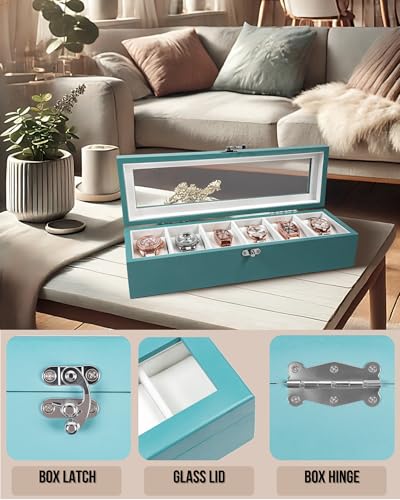 Image of Watch Box, Watch Case for Men Women with Large Glass Lid, Wooden Watch Display Storage Box with 6 - Slots, Ocean Blue Mens Watch Box Organizer