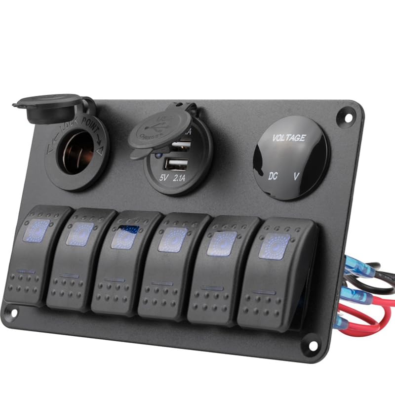 Pannello interruttori a bilanciere marino a 6 gruppi impermeabile 12 Volt, ginocchiera per barca 12V blu per illuminato per auto RV UTV
