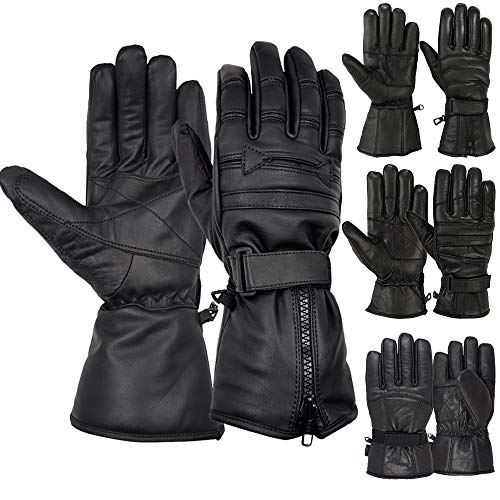 Menâ€™s Motorcycle Gloves Cold Weather Protective Motorbike Glove Genuine Leather Zip Closure Black Large