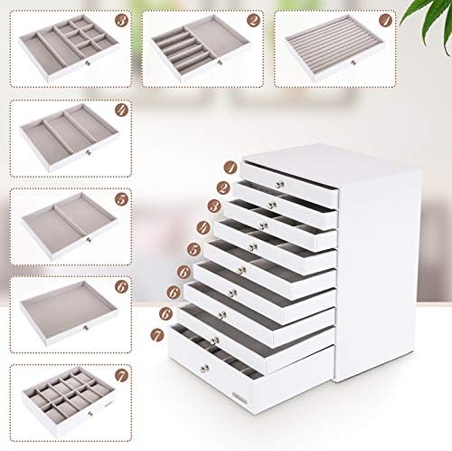 Seelux Jewellery Box, Extra Large Jewellery Storage Organiser, 9 Drawers with 9 Board Support, Faux Leather Jewelry Case for Rings, Earrings, Necklaces, Bracelet, Watches, Gift Case, White, Reusable
