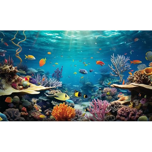 Image of Underwater World Aquarium Background Tropical Fishes on Coral Reef Terrarium Background Oceanarium Deep Sea Colorful Marine Panorama Landscape Theme Fish Tank Backdrop Decorations Poster 36x18in