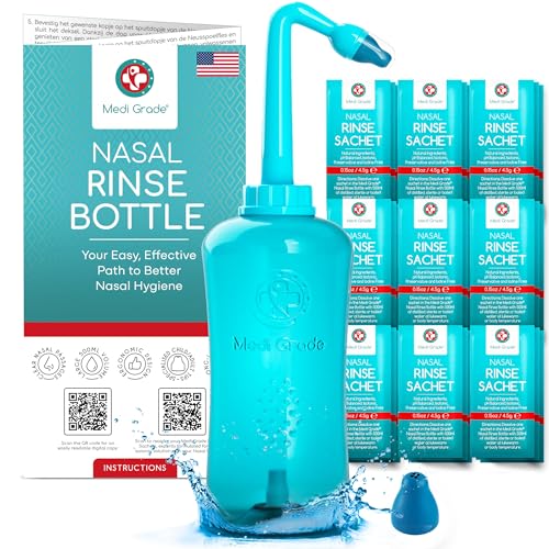 Medi Grade Sinus Rinse Bottle, 500ml with 30 Sinus Rinse Packets - Complete Nasal Irrigation System - Neti Pot Nose Cleaner - Nasal Wash Kit for Home or Travel - 2 Nasal Rinse Tips and Storage Bag