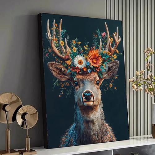 Tableau cerf aux bois fleuris 40x60cm decoration boheme