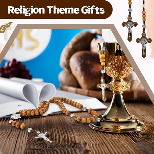 24 Set Wooden Bead Rosary Necklace Catholic Rosary Wood Carved Beads with Jesus Cross Our Father Solid with Organza Bag Pouch Baptism Favors Catholic Gift4