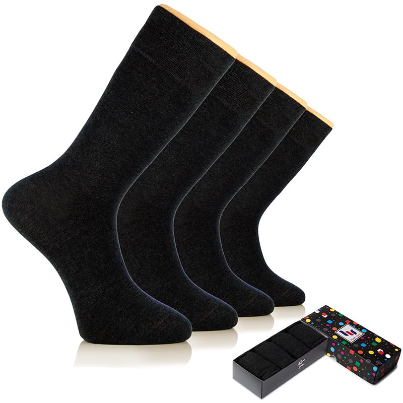 Hugh Ugoli Men's Bamboo Dress Socks Seamless Toe Business Crew Men Thin Socks, 4 Pairs, Shoe Size: 8-12