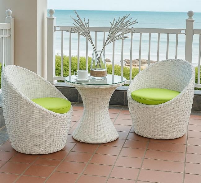 Image of India 2+1 Apple Patio Chair & Table Set with Cushion for Indoor Outdoor Seating Garden Balcony Patio Porch Lawn Living Room Coffee Furniture Set (White and Light Green Cushion)