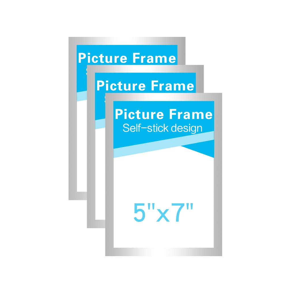 5x7 Picture Frames Made of Durable PVC and Strong Magnetic,Self Adhesive for Refrigerator/Wall/Door/Window/Cabinet Display,Silver,Pack of 3