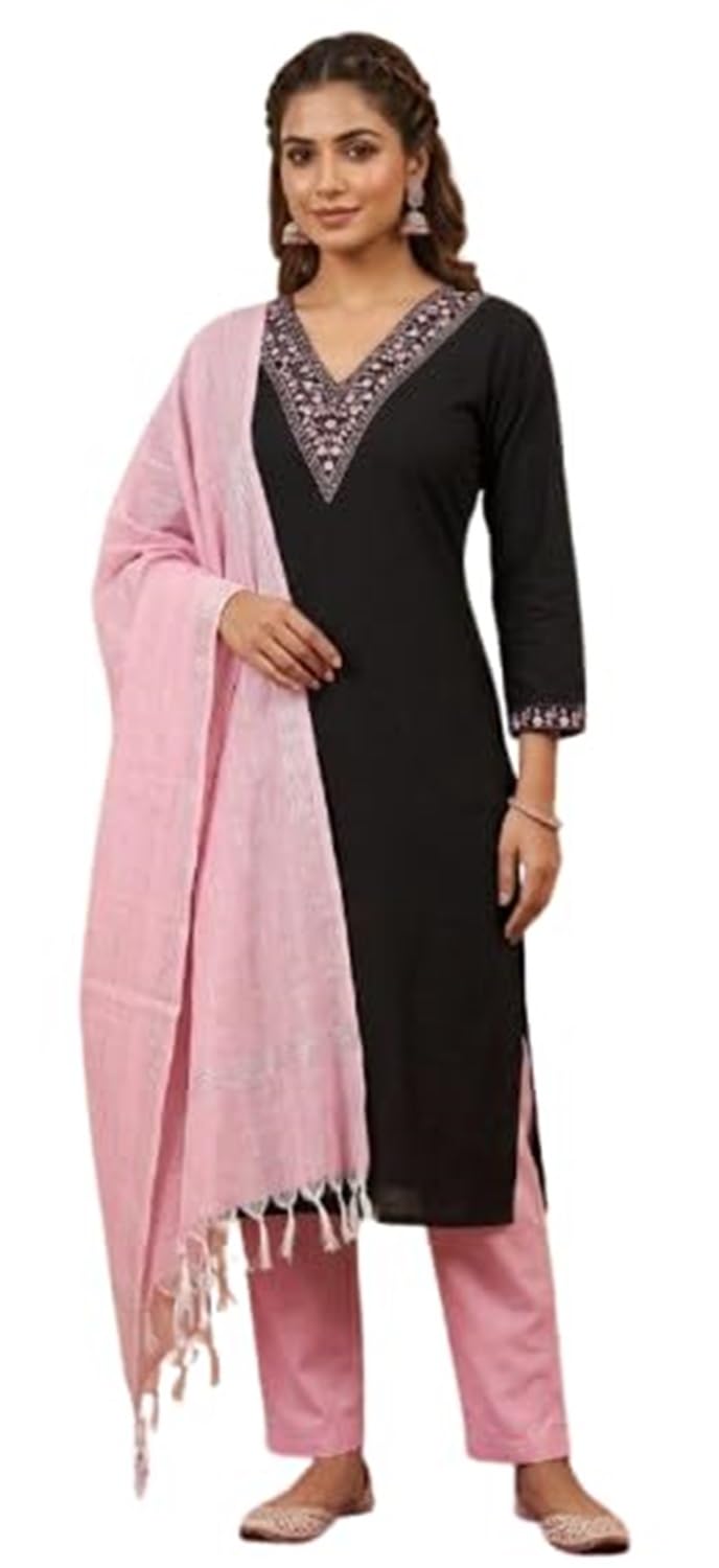 Women's Pure Cotton Embroidered Kurta Pant Dupatta Set Black Straight Fit Ethnic Wear Soft Comfortable Traditional Outfit for Daily Use Size XXXL-picture-40