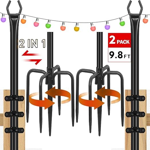 String Light Pole for Deck - 2 Pack 9.8FT for Outside Hanging Steel String Poles for Outdoor Decoration Garden, Backyard, Patio Lighting Stand for Parties, Christmas, Wedding (2 Pack)
