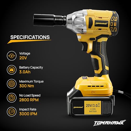 Image of Tomahawk T8582 20V Brushless Cordless Impact Wrench T8582, 300Nm Torque, inch Square Drive + inch Hex, 2x3.0Ah Batteries, LED Light, Heavy Duty Professional Tool
