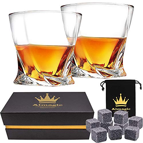 80% Off Discount Almagic Whiskey Glass Set of 2 Lead Free Crystal Old Fashioned Glass 10oz for Scotch or Bourbon (With 9 Granite Chilling Whiskey Stones + Velvet Bag)