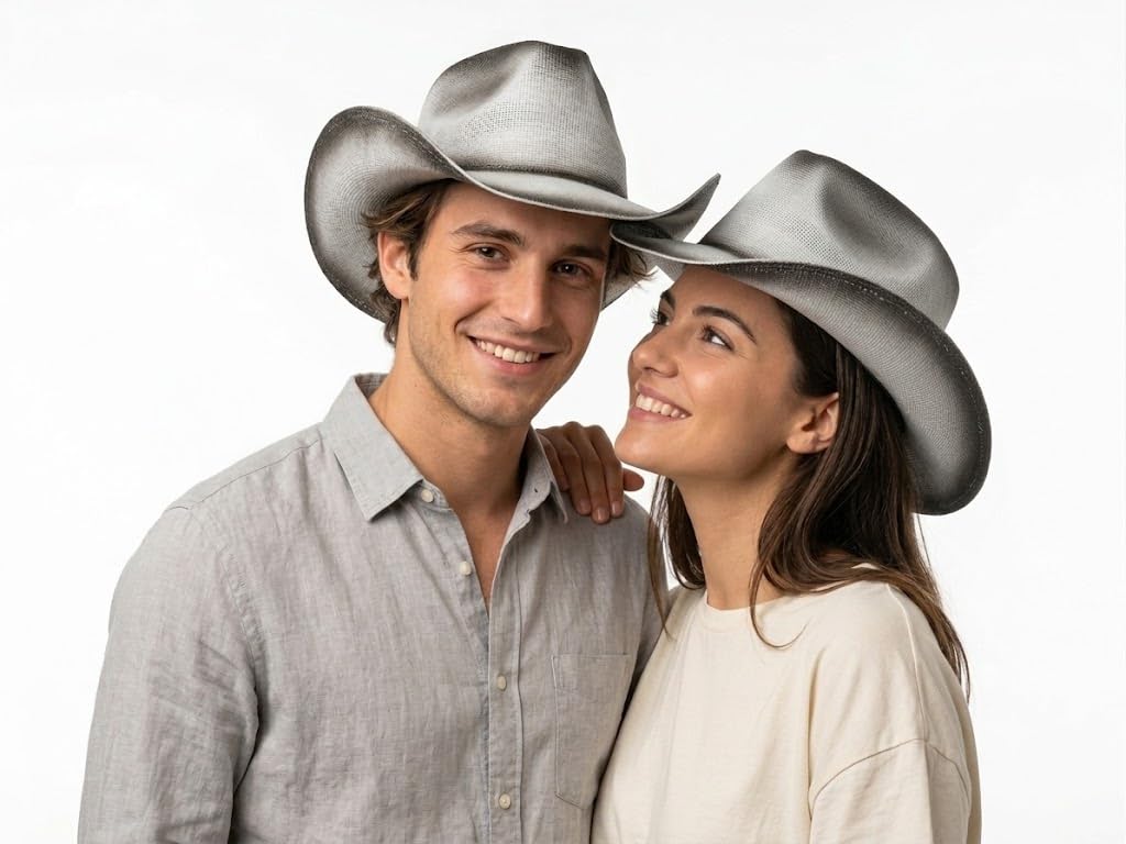 Cappello da Cowboy Stile Western in Paglia Bianco e Grigio con Effetto Sfumato Vintage per Uomo e Donna V031