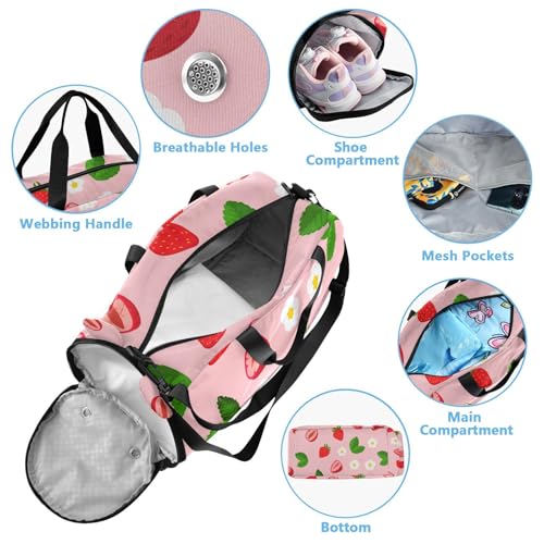 Red Strawberry Leaves Kids Travel Duffel Bag for Boys Girls Overnight Weekend Tote Bag with Shoes Compartment for Beach Swim Trip4