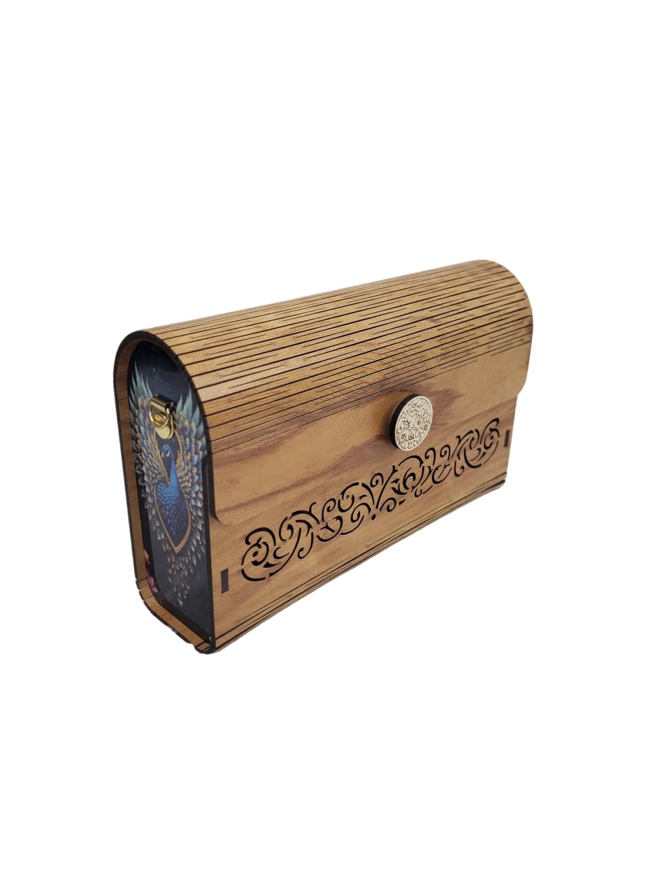 CRAFTONIC Handcrafted Wooden Clutch Purse with Peacock Design, Decorative Carved Pattern, Vintage Style Metal Clasp-image-25
