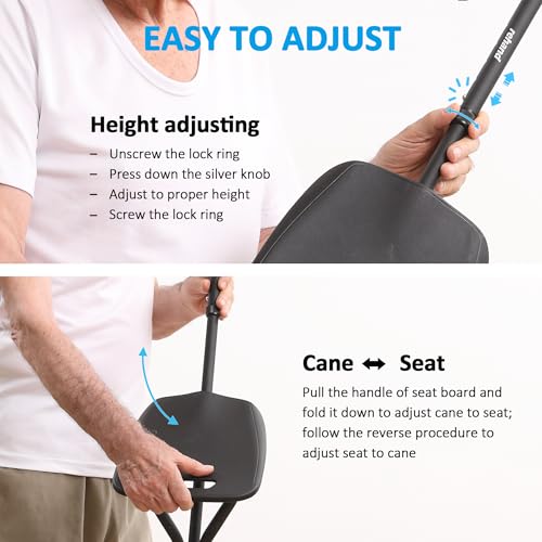 Image of REHAND Walking Cane with Seat,Lightweight Foldable, Adjustable, Collapsible Canes with Stool for Men & Women, Heavy Duty All Terrain Tip, Portable Walking Stick Chair for Seniors & Adults