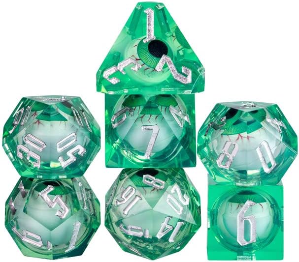 Miniatura 6 de Green Beholder - Juego de dados DND afilados con caja de dados de cuero  para Calabozos y Dragones, D&D, borde afilado, dados de resina poliédrica