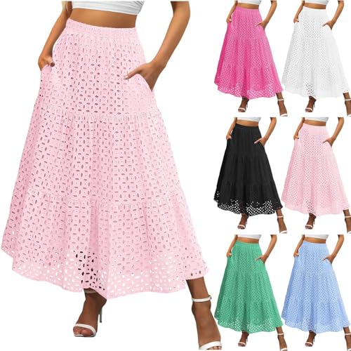HGps8w Women's 2025 Summer Boho Hollow Out Eyelet Tiered Maxi Skirt High Waisted A Line Flowy Casual Long Skirts with Pockets2
