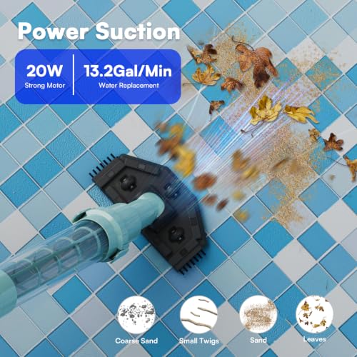 Image of PoolMr Handheld Pool Vacuum for Above Ground Pool & Hot Tub Vacuum, with 2 Brush Heads, 90 Mins Running Time, 13.2 Gallons /Min Powerful Suction, Ideal for Cleaning Debris and Sand Underwater, Cyan