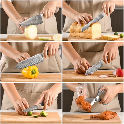 NANFANG BROTHERS Set di coltelli da cucina Damasco 7 pezzi con blocco, manico in ABS antiscivolo, set di coltelli in acciaio inox ultra affilati con blocco, coltello da chef, coltello da pane, ecc - immagine 6
