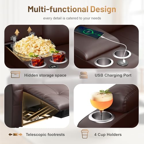 Image of Recliner Sofa Set, Home Theater Seating with Massage, Loveseat Recliner Couch and Recliner Single Chair with USB, Wall Hugger Reclining Movie Theater Chair with Cup Holders, Drawer for Gaming Room