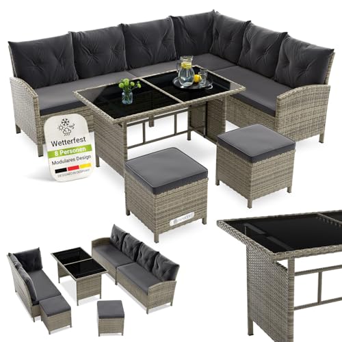Juskys Polyrattan Lounge Manacor mit Ecksofa, Esstisch, 2 Hocker & Kissen - wetterfest bis...