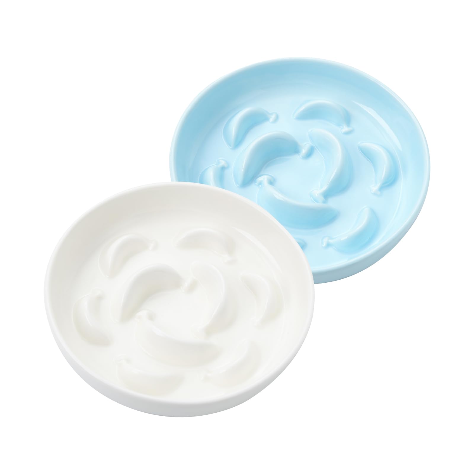 PTOBER Cat Slow Feeder Bowl Set - 2 Pcs Ceramic Cat Food Plates with Slow Eating Obstacles - Whisker Friendly, Microwave & Dishwasher Safe - White and Blue