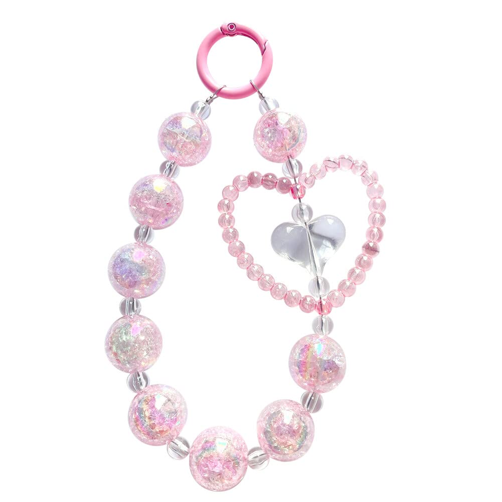 Katutude Crystal Beaded Phone Charm Bling Phone Wrist Strap Love Heart Beaded Phone Lanyard Wrist Strap Anti Lost Phone Chain Wristlet Gift for Girls Women, Pink