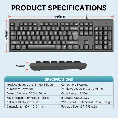 Ultra-Slim Wired Keyboard, Full Size 104 Key Quiet USB Computer Keyboard with Number Pad for PC, Windows, Mac US Layout (No £ Symbol) - Image 3