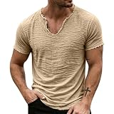 Generico Maglia Uomo in Cotone Puro Colletto a V a Righe, Modello con Effetto Pieghevole per l'Abbigliamento Casual Quotidiano(Beige, S)
