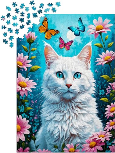 1000 Piece Jigsaw Puzzle for Adults - White Cat in Flower Garden, Kitten & Butterflies | Matte Anti-Glare Finish | Fun & Challenging Puzzle | 27x19 in | Unique Gift | Enjoy - image 8