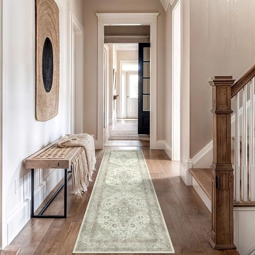 vivorug Sage Green Runner Rug 2x10 Machine Washable Rug with Non-Slip Backing, Ideal for Kitchen Hallway Entryway Laundry Room - Vintage, Durable, Easy Clean, Low Pile Carpet Runner
