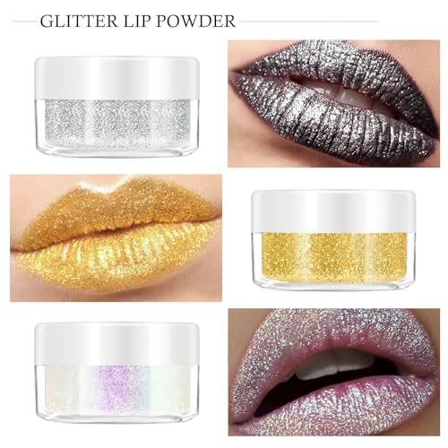 kyda 3 colors glitter lip kit diamond metllic high pigmented powder for lips cosmetics glitter lips makeupwith lip primer and brush long wear-set d