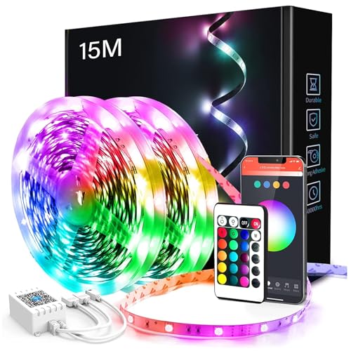 phopollo 15m led Strip Lights for Bedroom with Remote & App Control Music Sync with Mic Flexible 12v 5050 Led Color Changed Lights (7.5Mx2)