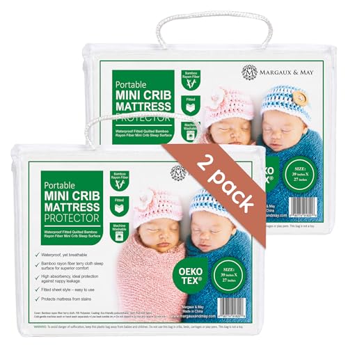 Image of Margaux & May Pack N Play Mattress Protector, 2-Pack, Oeko-TEX Certified | 100% Waterproof, Fitted, 39 inch x 27 inch, Playard Mattress Cover, Mini Crib Mattress Protector, Soft Noiseless Protection