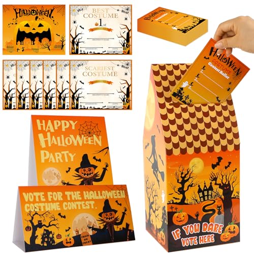 Halloween Costume Contest Ballot Box Kit with 64 Voting Cards 7 Winner Certificates 2 Signs 74Pcs Costume Contest Awards Supplies for Halloween Party