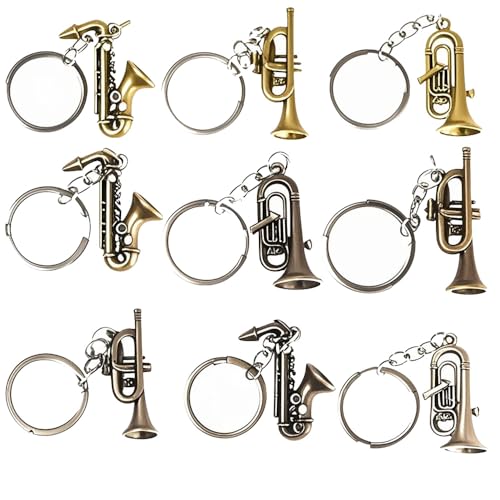 NOIAFZY 9-Pack Retro Metal Saxophone Trumpet Tuba Keychain - Miniature Musical Instrument Keyrings for Music Enthusiasts