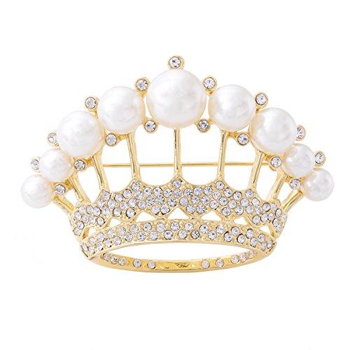 Image of Large Gold Tone Crystal Queen Crown Pin Brooch With Pearl Wedding Bridal Pin