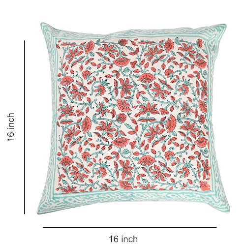 Image of Cotton Cushion Covers 16x16 Inch - Hand Block Floral Print Pillow Covers for Sofa, Couch & Bedroom (Pack of 5) (Light Green)
