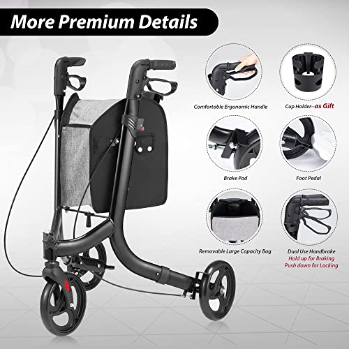 Outspurge 3 Wheel Walkers For Seniors, Foldable Rollator Walker，Narrow Walkers For Small Spaces With Height Adjustable Handles, Storage Bag, Brakes, Premium Aluminum Three Wheel Mobility Aid, Black #TOP7